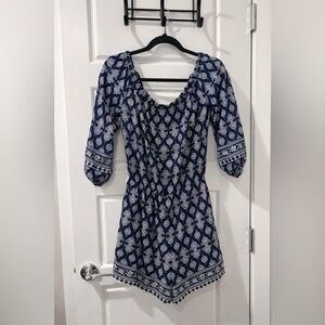 REBECCA B Blue and White Patterned Long Sleeve Dress